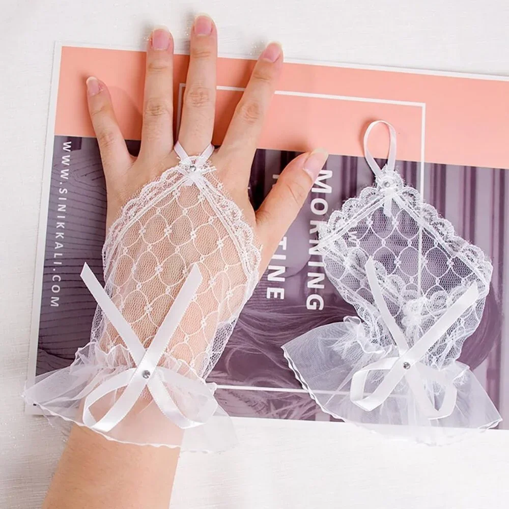 Women's White Elastic Bracelet Floral Lace Cuffs Bow Gloves Sleeve Party Prom